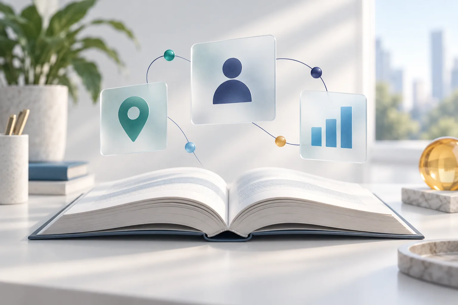 Illustration of a reference book with profile, location and analysis cards